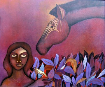 indio Painting - cebra y dama en la India